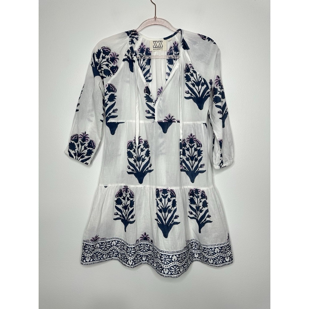 Sz Blockprints Priya Mini Dress Small White Blue Floral Lightweight Sheer